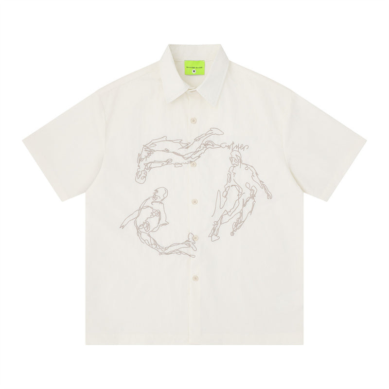 Abstract Figure Embroidered Short Sleeve Shirt – Oversized Casual Button-Up