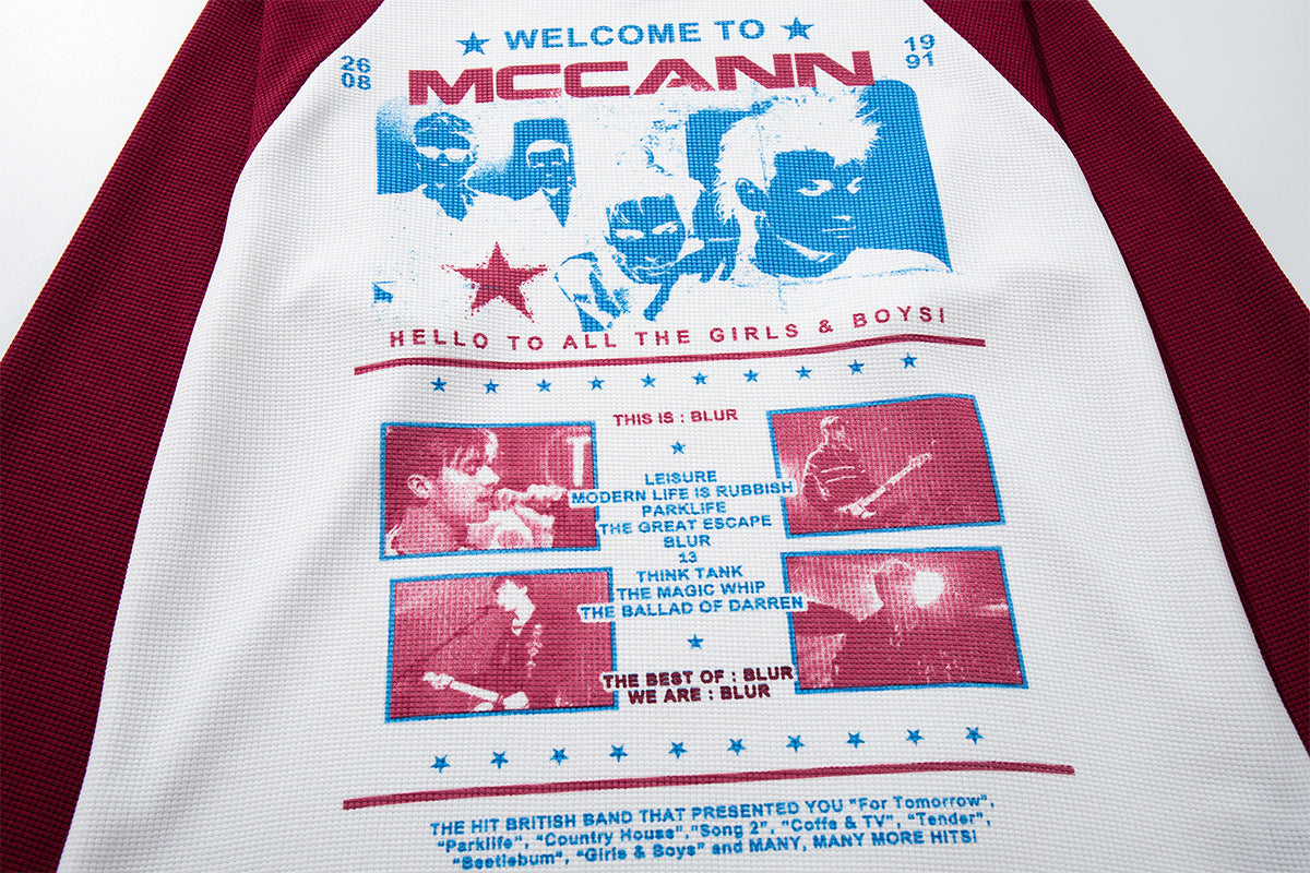 Raglan-Longsleeve – Retro-Bandgrafik, Waffelstrickärmel, Weiß &