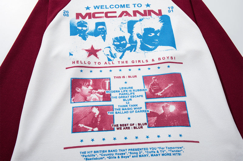 Raglan-Longsleeve – Retro-Bandgrafik, Waffelstrickärmel, Weiß &