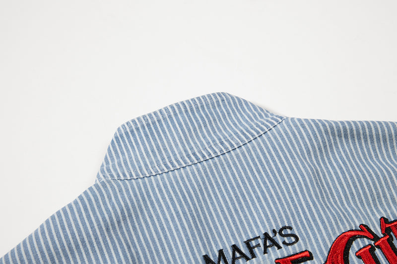 Striped Denim Bomber Jacket Stand Collar Embroidered Retro Boxy Fit