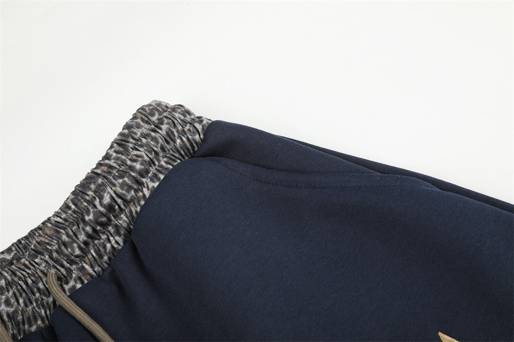 Wide Leg Star Patch Sweatpants with Leopard Print Waistband