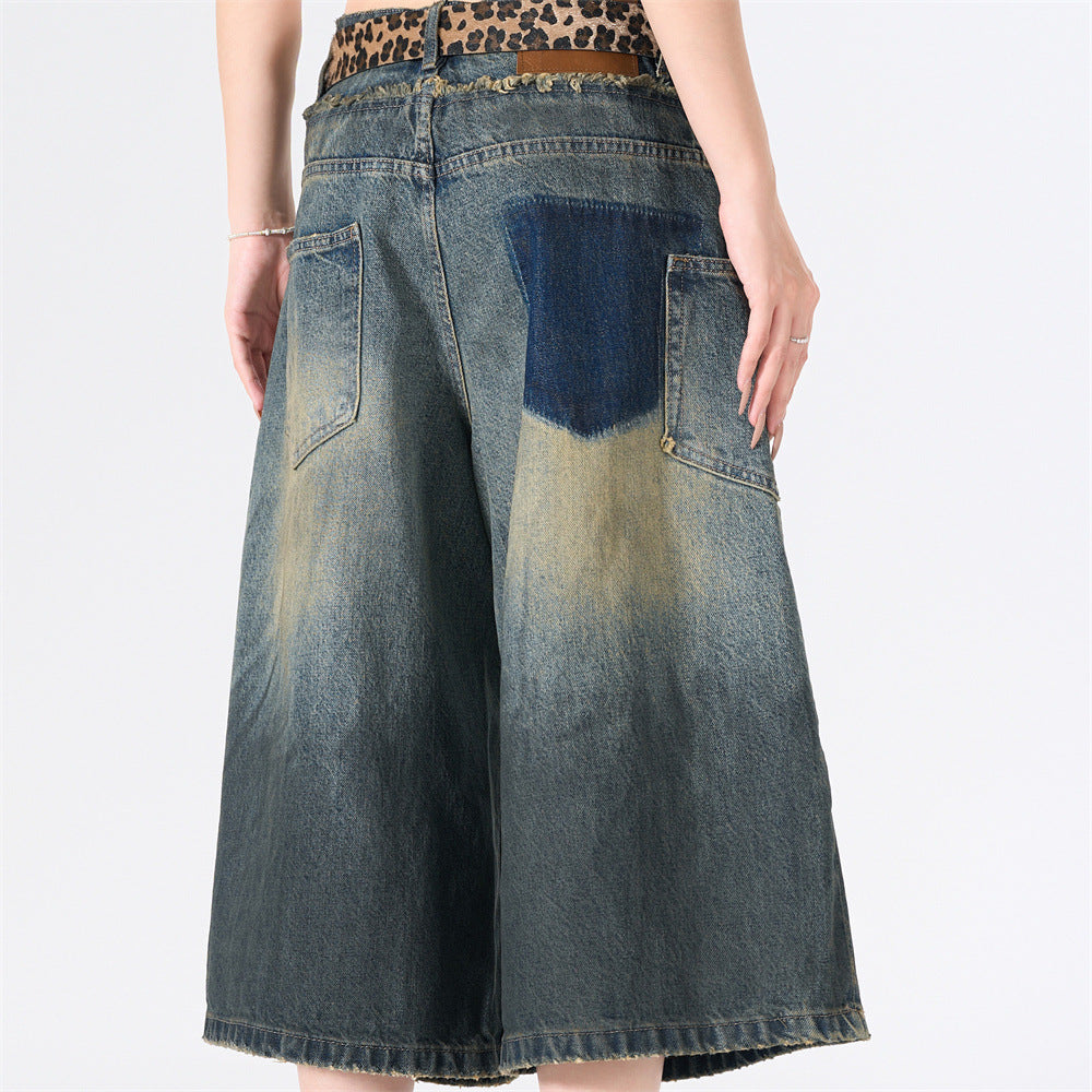 Ripped Wide-Leg Denim Shorts – Distressed Cargo Pocket Washed Jorts