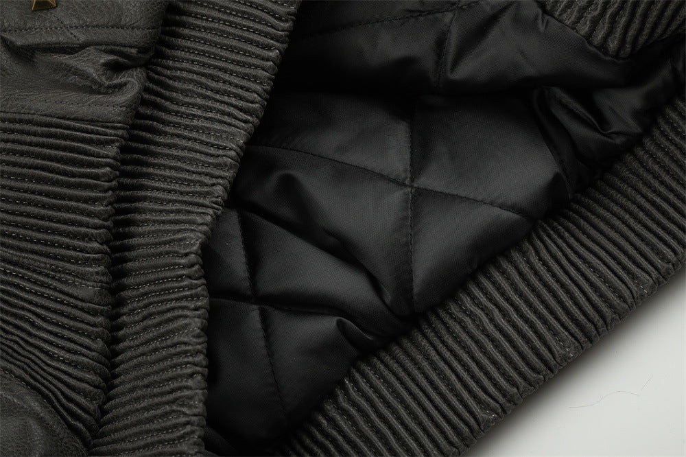 Punk Fur-Collar Studded PU Leather Hooded Bomber Jacket