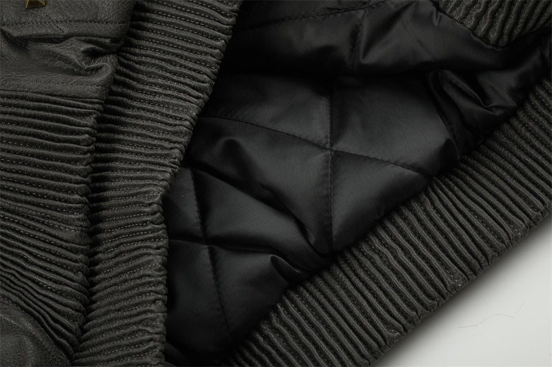 Punk Fur-Collar Studded PU Leather Hooded Bomber Jacket