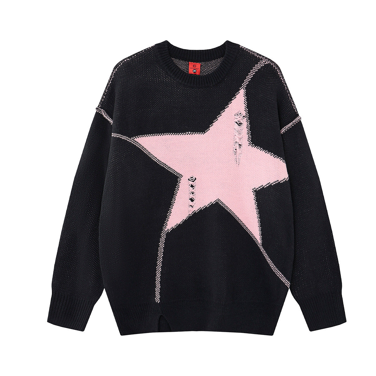 Pull homme col rond oversize en maille jacquard étoile effet usé