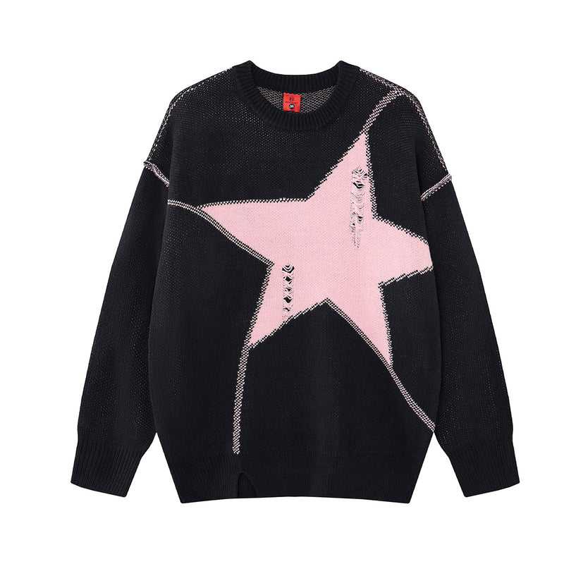 Pull homme col rond oversize en maille jacquard étoile effet usé