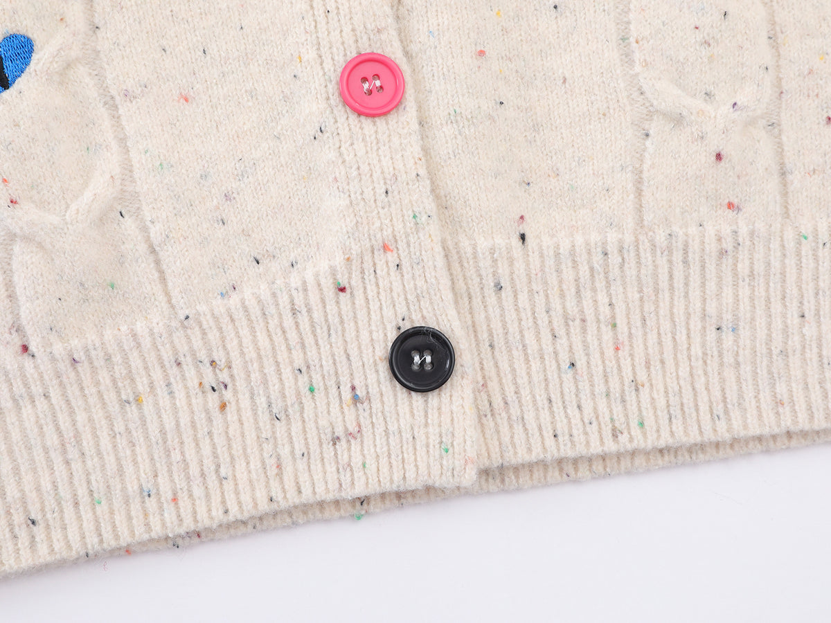 Cable Knit Cardigan Sweater with Cartoon Sport Embroidery & Colorful Buttons