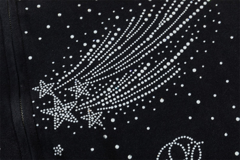 Sweat à capuche zippé avec étoile filante en strass – Streetwear oversize à double zip