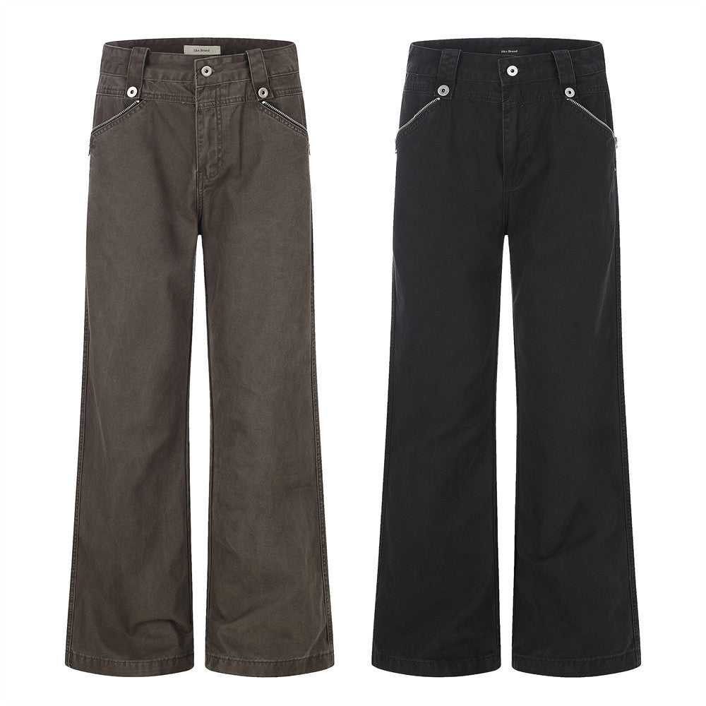 Wide-Leg Zip Pocket Pants – Vintage Washed Flare Trousers