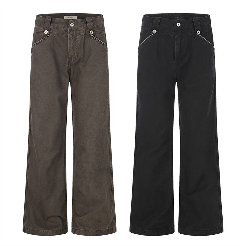 Wide-Leg Zip Pocket Pants – Vintage Washed Flare Trousers
