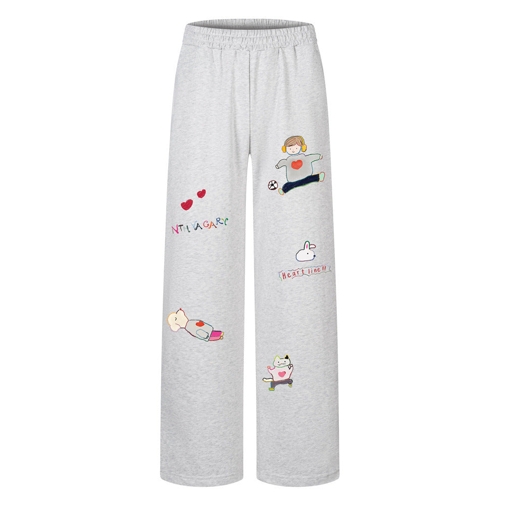 Sweathose mit weitem Bein, Cartoon-Charakter-Print und elastischem Bund