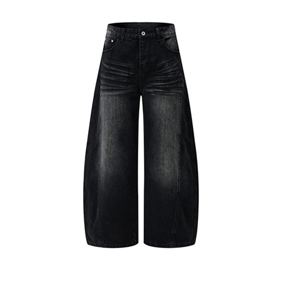 Men's Black Baggy Wide-Leg Jeans – Washed Distressed Curved Silhouette