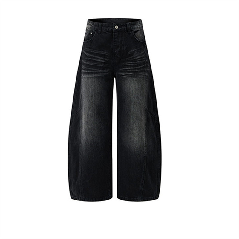Men's Black Baggy Wide-Leg Jeans – Washed Distressed Curved Silhouette