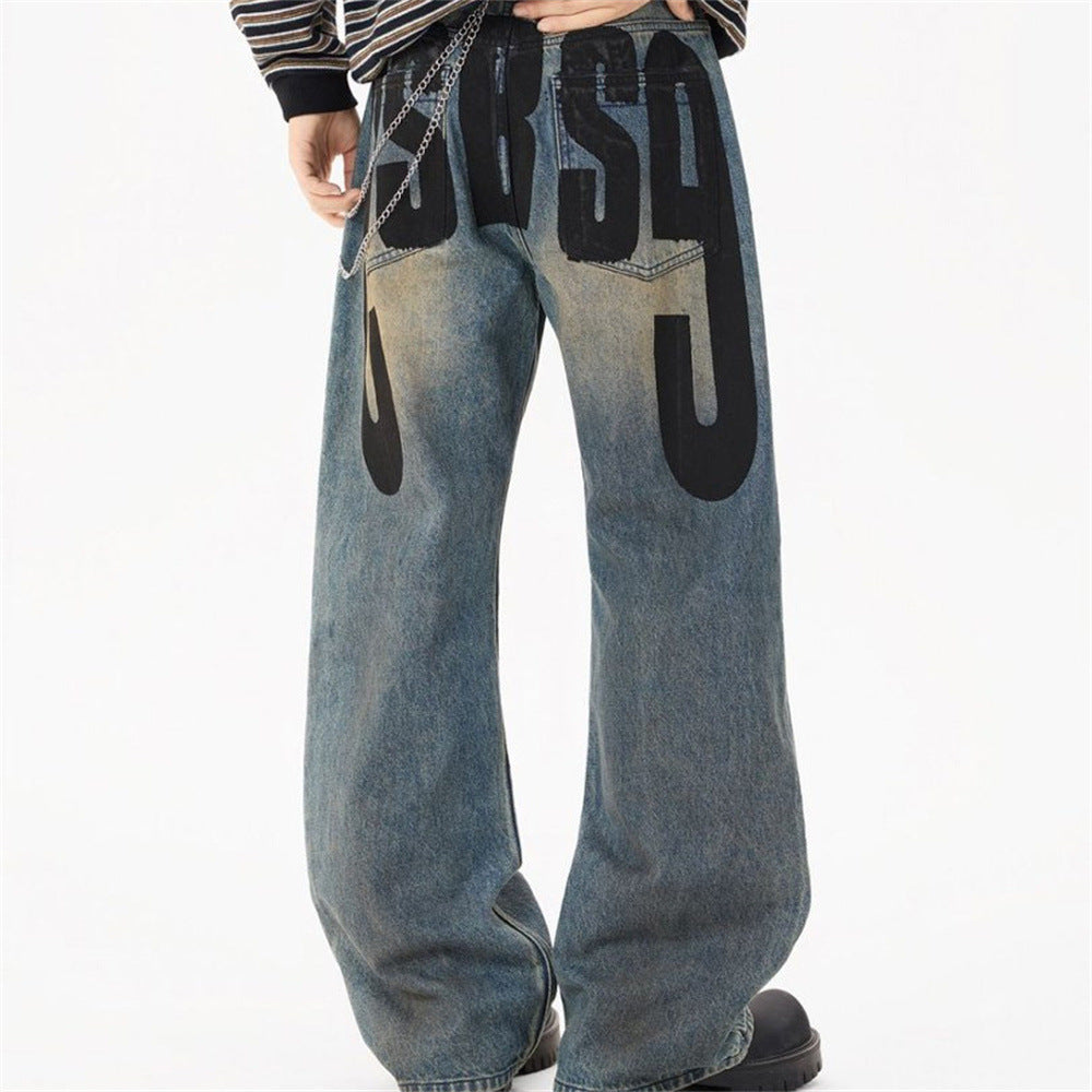 Men's Loose Fit Jeans Vintage Number Print Straight-Leg Baggy Denim Pants