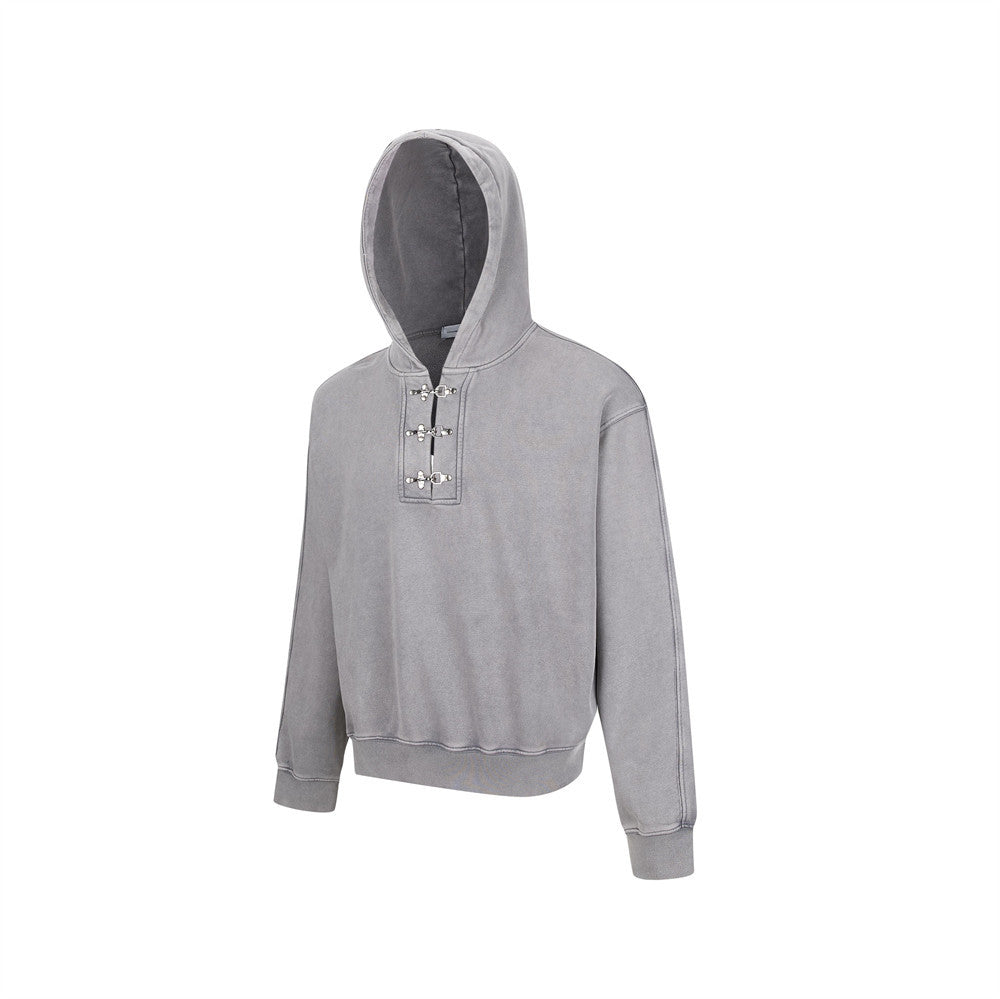 Men's Metal Clasp Pullover Hoodie – Oversized Washed Fleece Sweatshirt