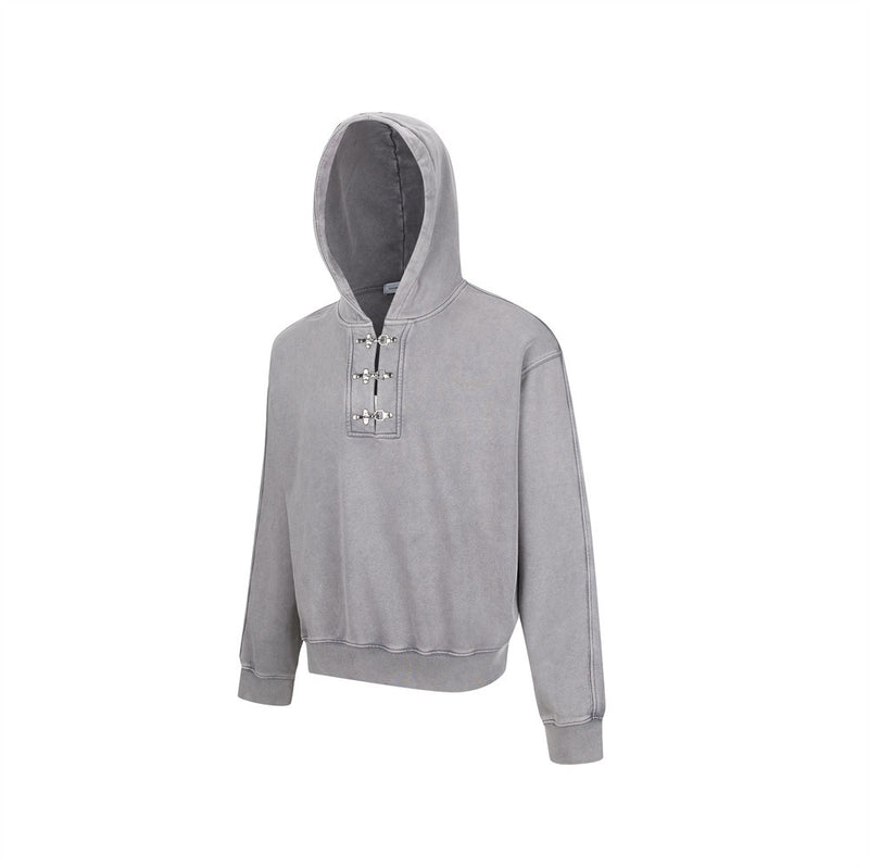 Men's Metal Clasp Pullover Hoodie – Oversized Washed Fleece Sweatshirt
