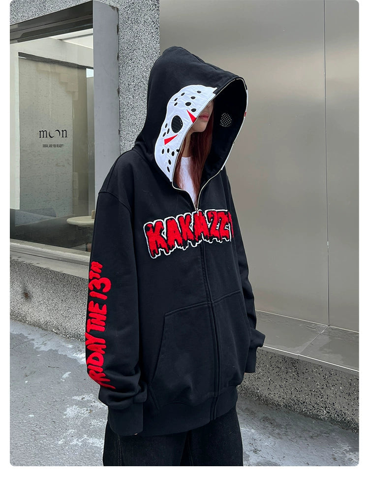 Friday the 13th Hoodie - 400GSM Oversized Jason Mask Zip-Up Horror Movie Sweatshirt