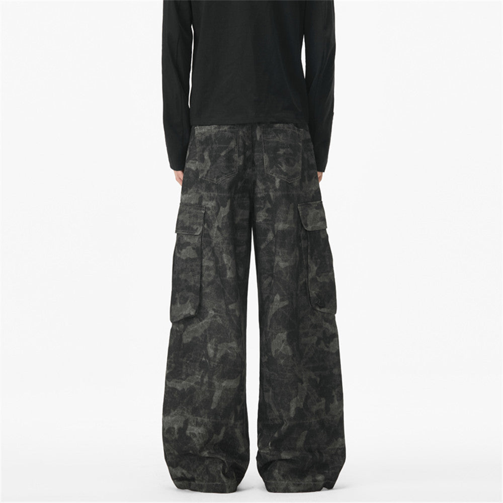 Pantalon cargo camouflage homme – Coupe baggy wide leg tie-dye à poches multiples