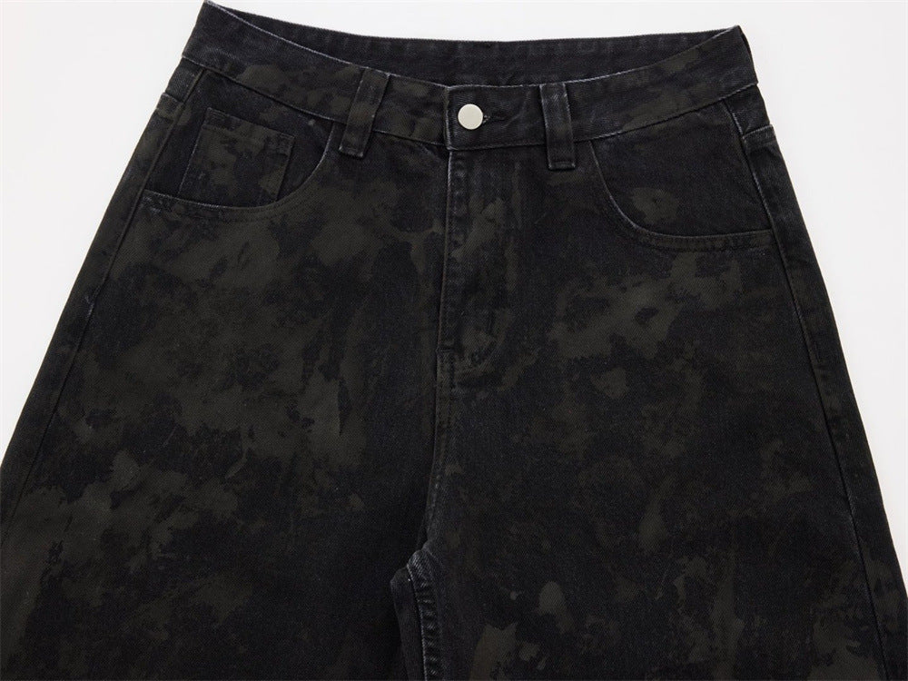Men Black Baggy Jeans – Tie-Dye Washed Wide-Leg Denim Pants