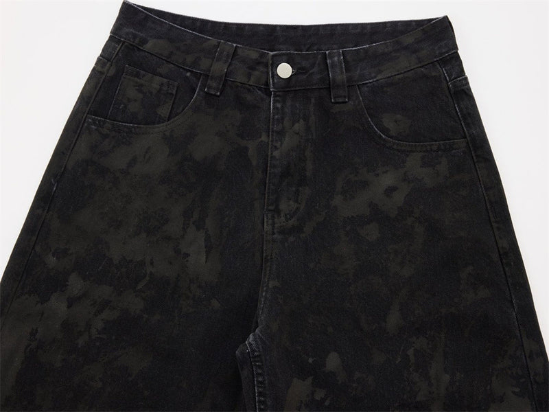 Men Black Baggy Jeans – Tie-Dye Washed Wide-Leg Denim Pants