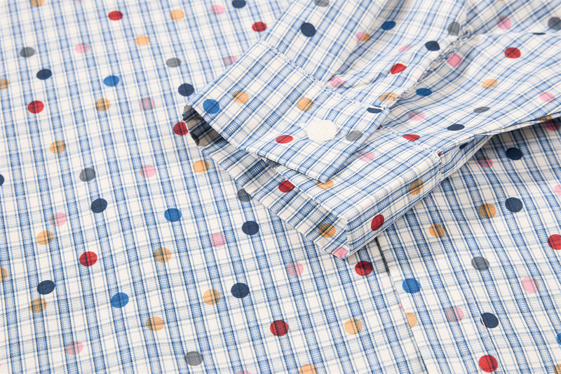 Men's Plaid Long Sleeve Shirt with Cartoon Dog Embroidery and Colorful Polka Dot