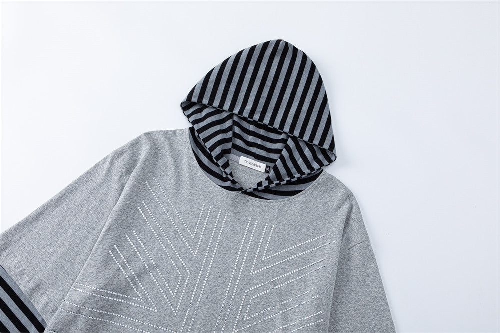 Long Sleeve Hoodie T-Shirt – Faux Layered Union Jack Rhinestone Stripe Design