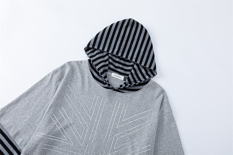 Long Sleeve Hoodie T-Shirt – Faux Layered Union Jack Rhinestone Stripe Design
