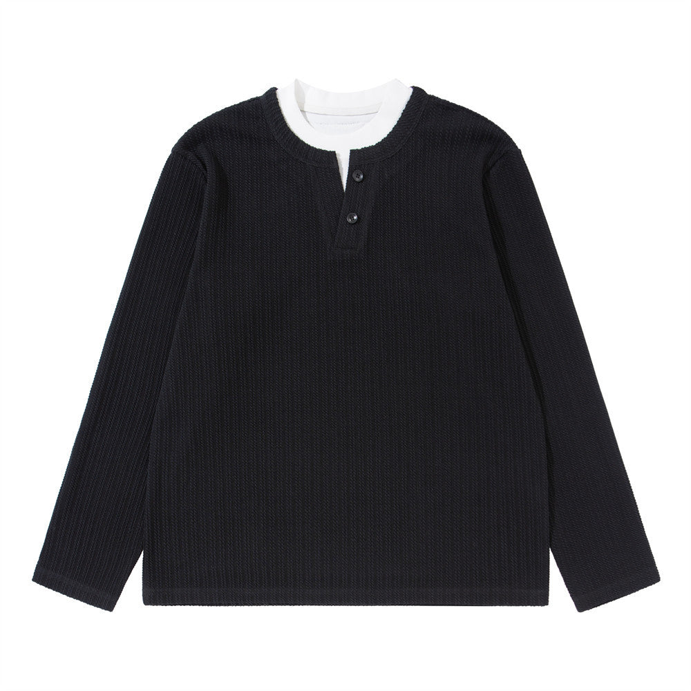 Men's Striped Long Sleeve Shirt – Ribbed Texture Faux-Layered Henley Top