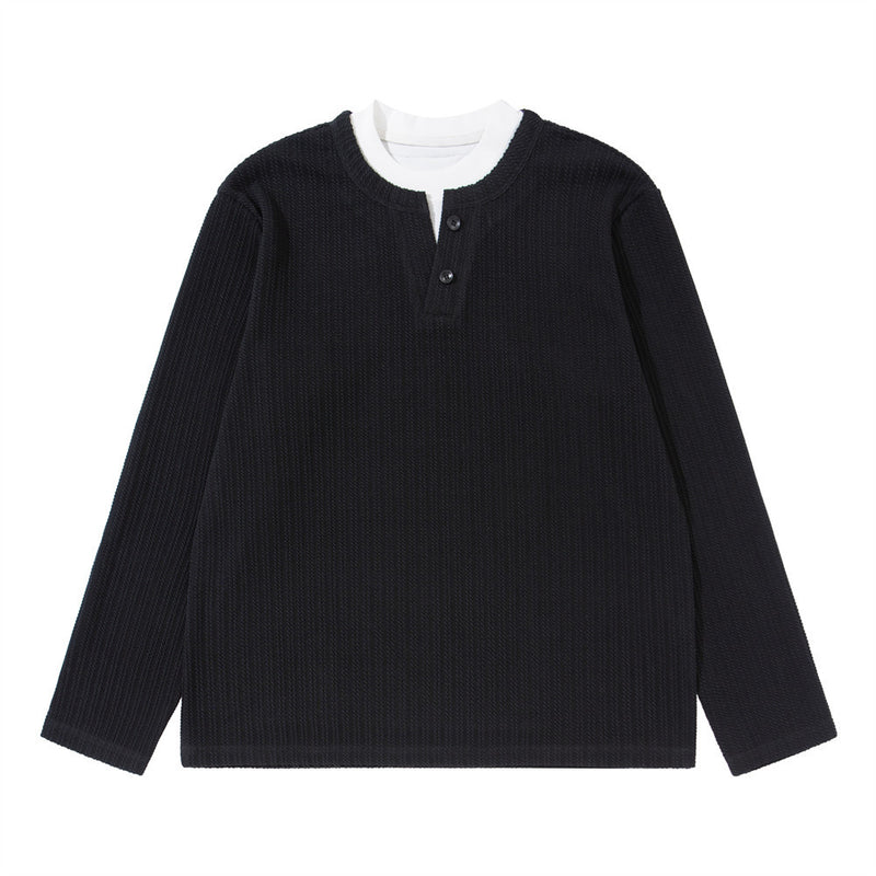 Men's Striped Long Sleeve Shirt – Ribbed Texture Faux-Layered Henley Top