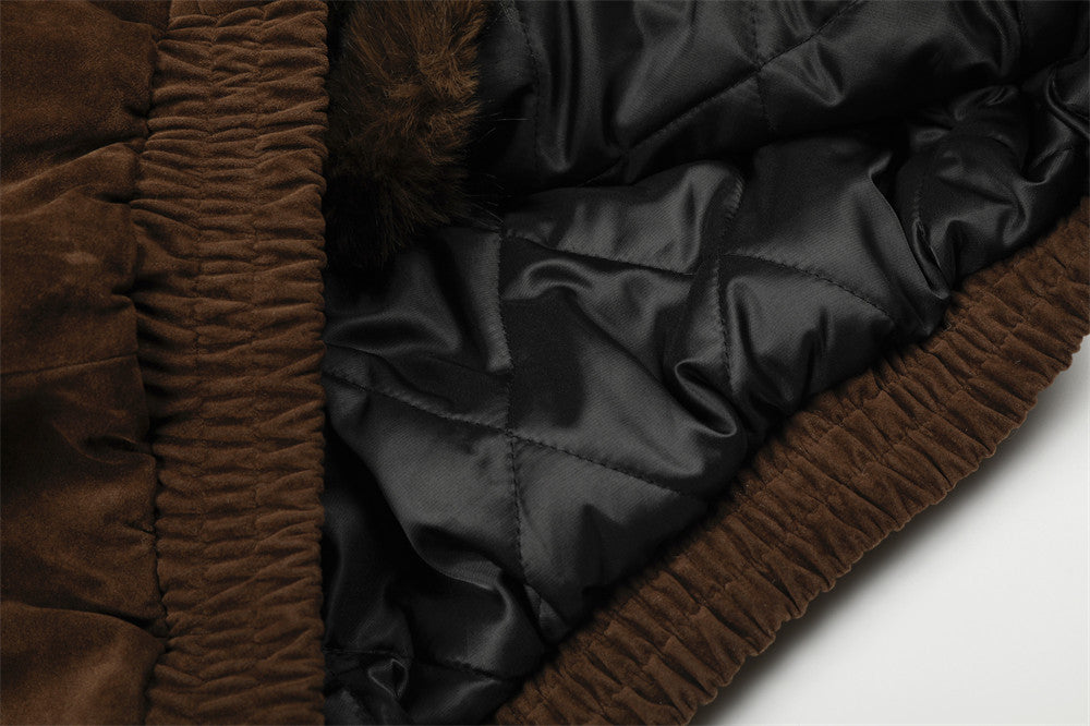Faux Mink Fur-Trimmed Hooded Bomber Jacket with Toggle Clasps
