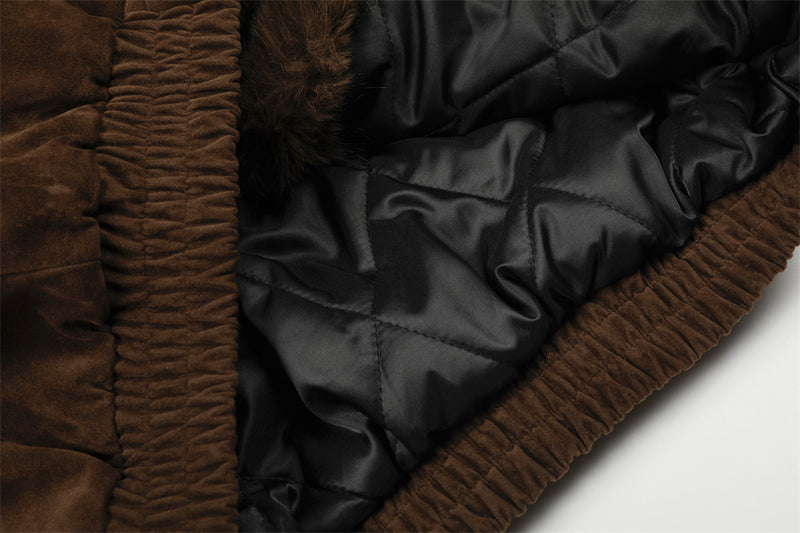 Faux Mink Fur-Trimmed Hooded Bomber Jacket with Toggle Clasps