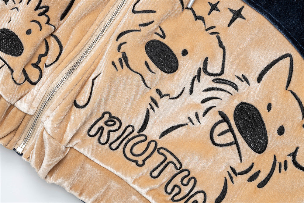 Sudadera de terciopelo con cremallera y estampado de perro de dibujos – Corte oversize color block