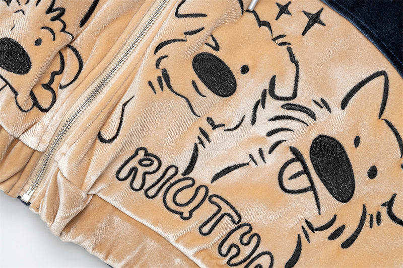 Sudadera de terciopelo con cremallera y estampado de perro de dibujos – Corte oversize color block
