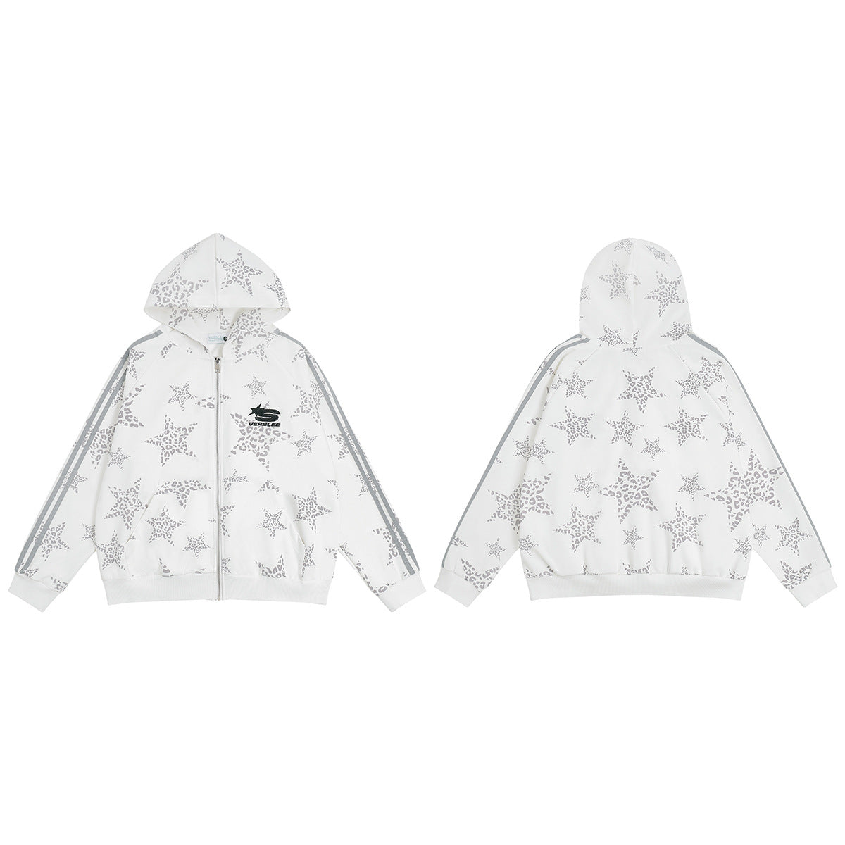 Sweat à capuche zippé blanc à imprimé étoiles léopard et bandes latérales