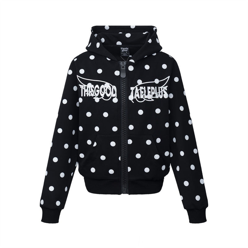 Sudadera con capucha y cremallera con estampado integral de lunares y gráfico de letras streetwear