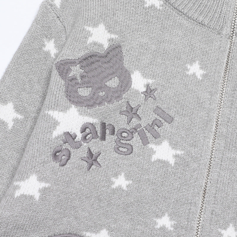 Star Print Zip-Up Knit Cardigan with Ruffle Hem & Cat Paw Embroidery