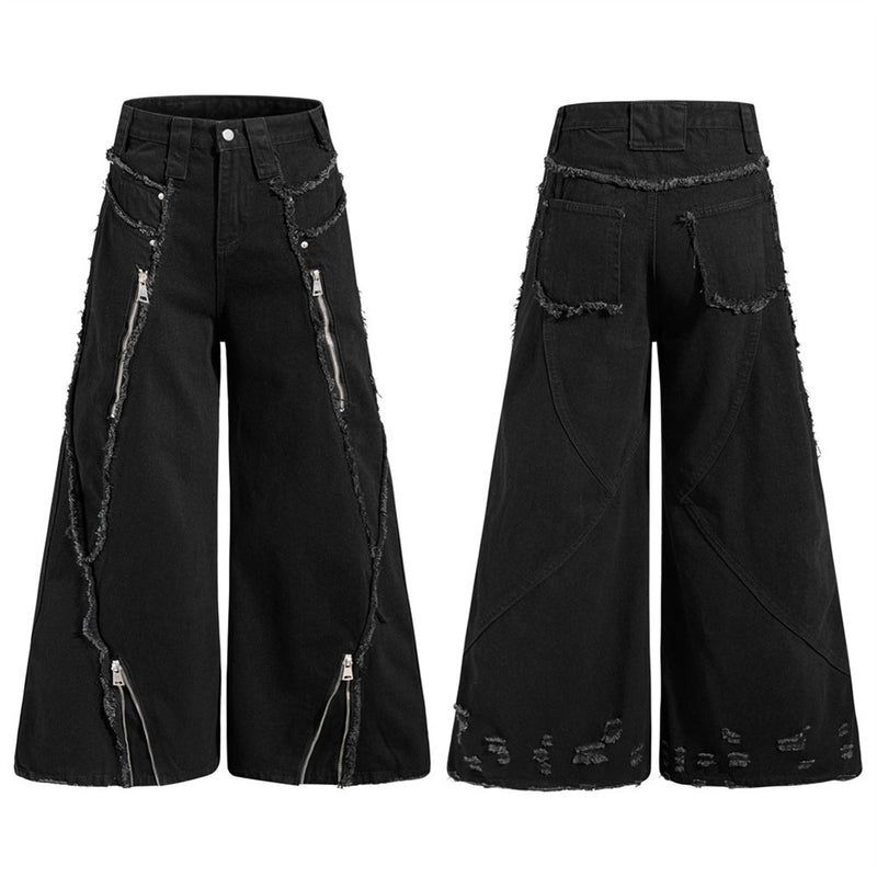 Black Wide-Leg Deconstructed Jeans – Zipper Detail & Raw-Edge Patchwork