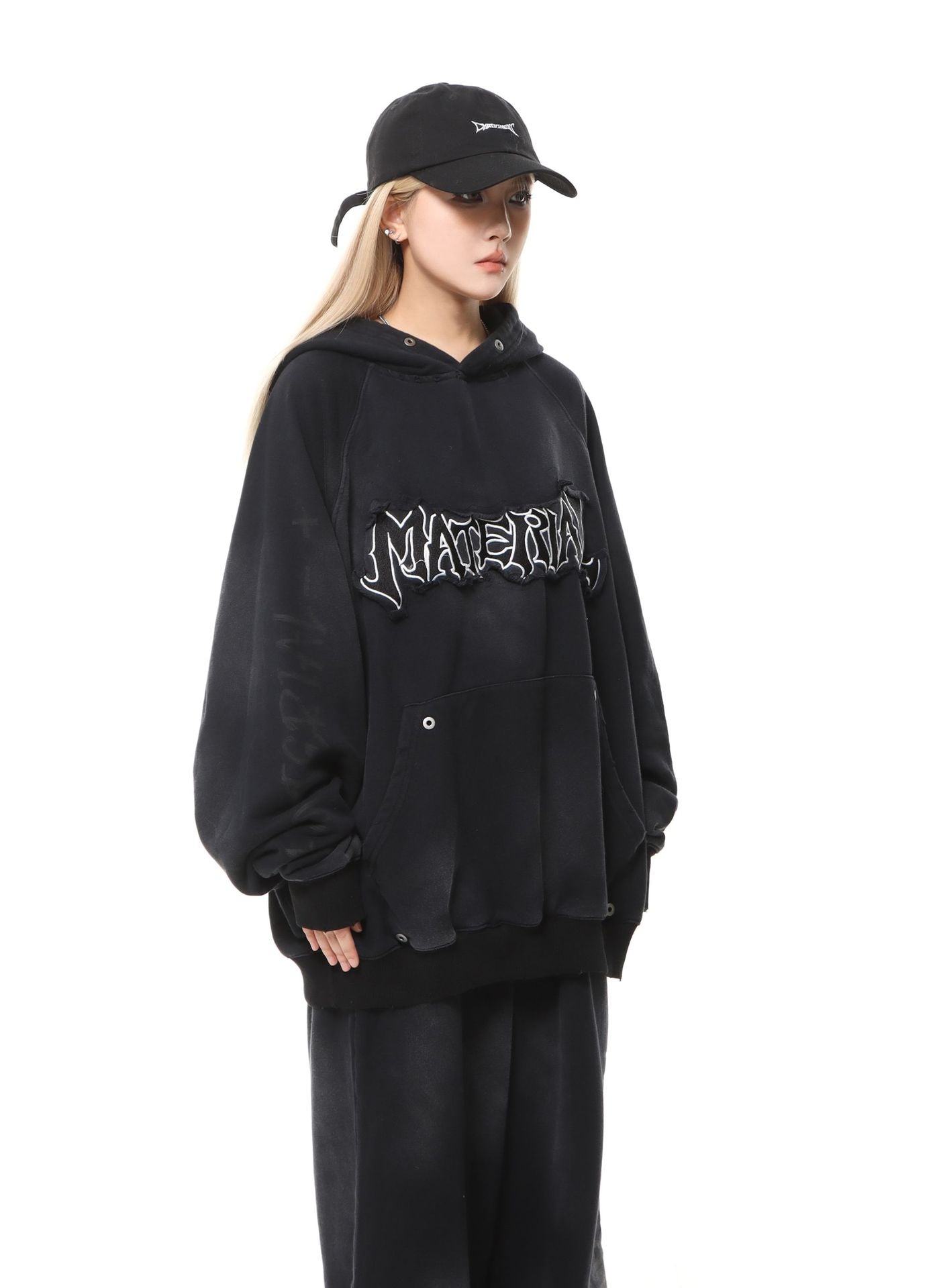 Material Graphic Oversized Hoodie – Washed Heavy Fleece with Embroidered Patch &