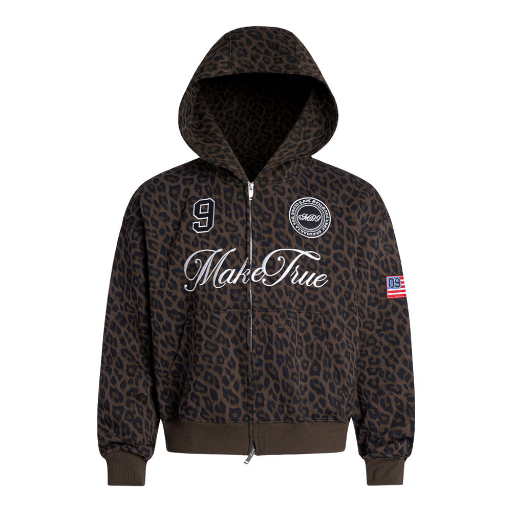 Men's oversized leopard print zip-up hoodie with embroidered MakeTrue script and number 9 varsity patch, front and back view