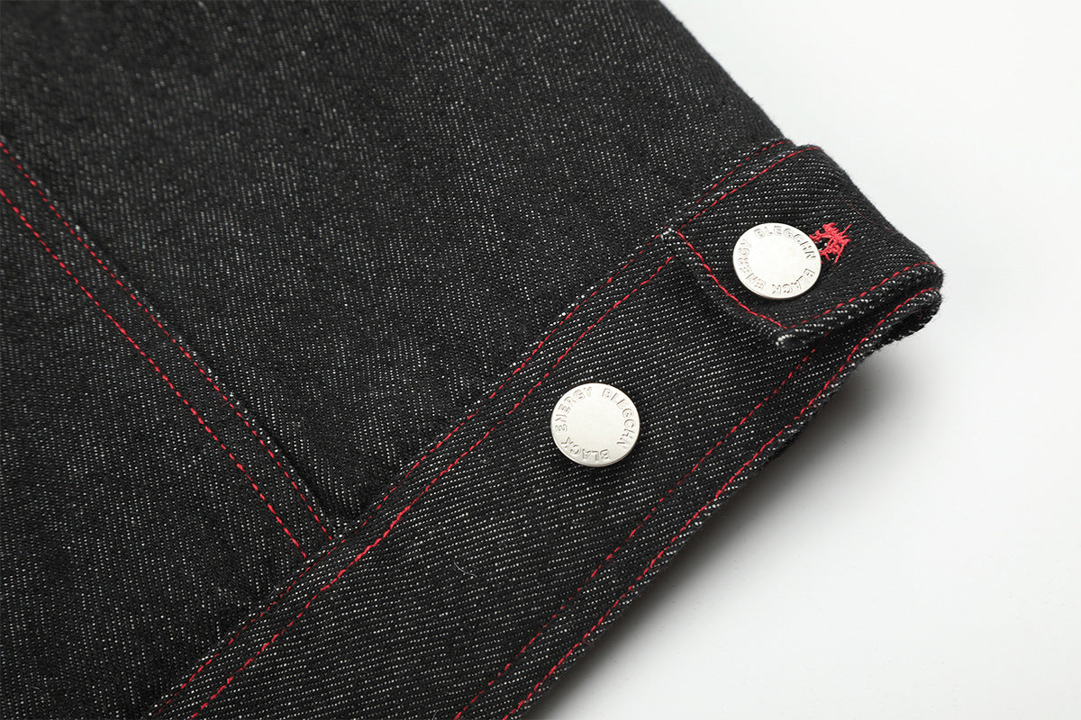 Black Denim Fur Collar Padded Jacket with Red Trim & Snap Buttons