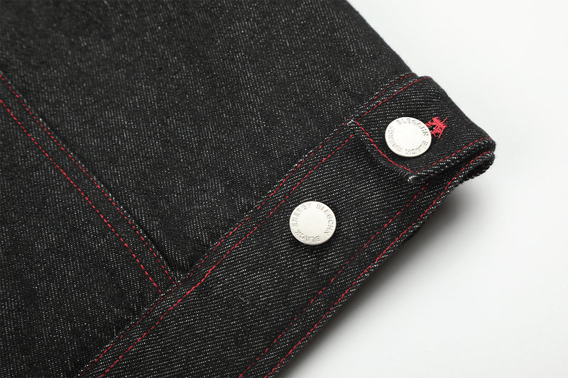 Black Denim Fur Collar Padded Jacket with Red Trim & Snap Buttons