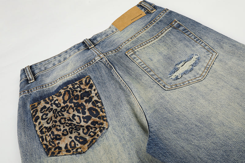 Jean baggy bleu clair à poches léopard – Denim large délavé et déchiré
