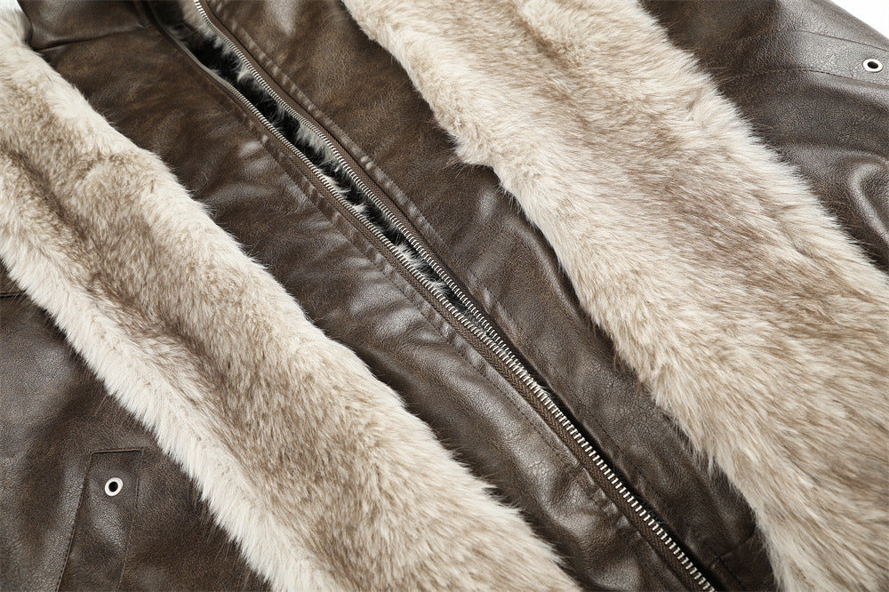 Men's Faux Leather Fur-Lined Bomber Jacket with High Collar & Asymmetric Placket