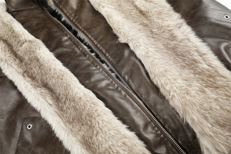 Men's Faux Leather Fur-Lined Bomber Jacket with High Collar & Asymmetric Placket