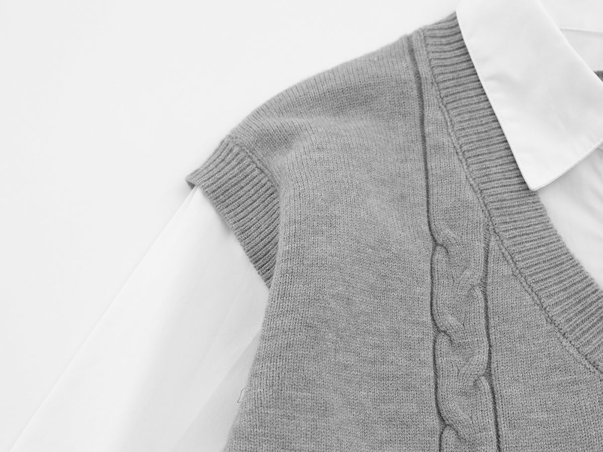 Cable Knit Sweater Vest Layered Shirt with Tie – Collegiate Preppy Style