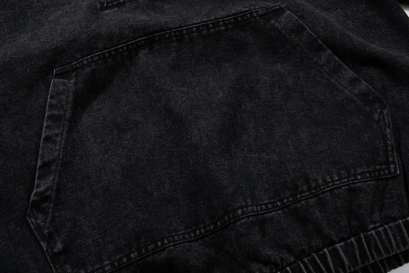 Washed Black Denim Hoodie Pullover with Metal Clasp Buckles