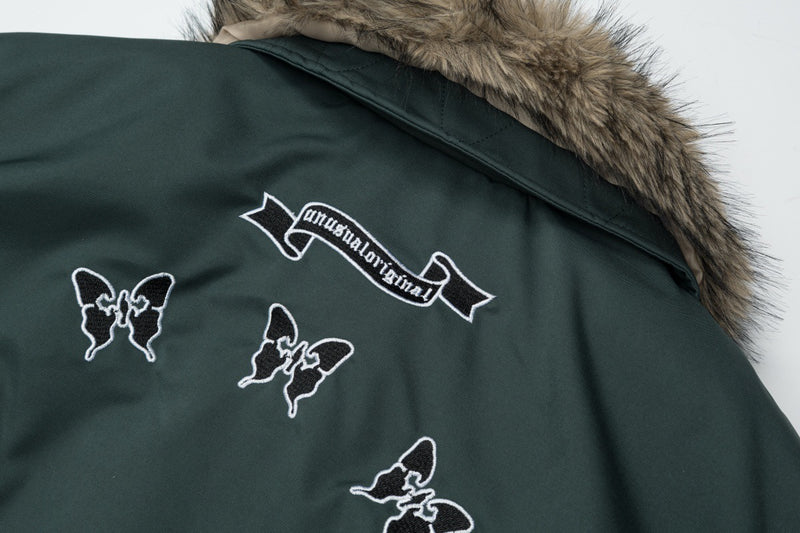 Herren-Schwarze-Pufferjacke mit Fellkragen – Bomberjacke mit Schmetterlingsstickerei