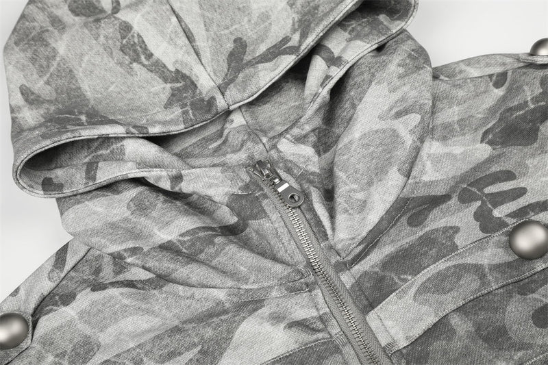 Punk Vintage Camo Zip-Up Hoodie Jacket with Military Buttons