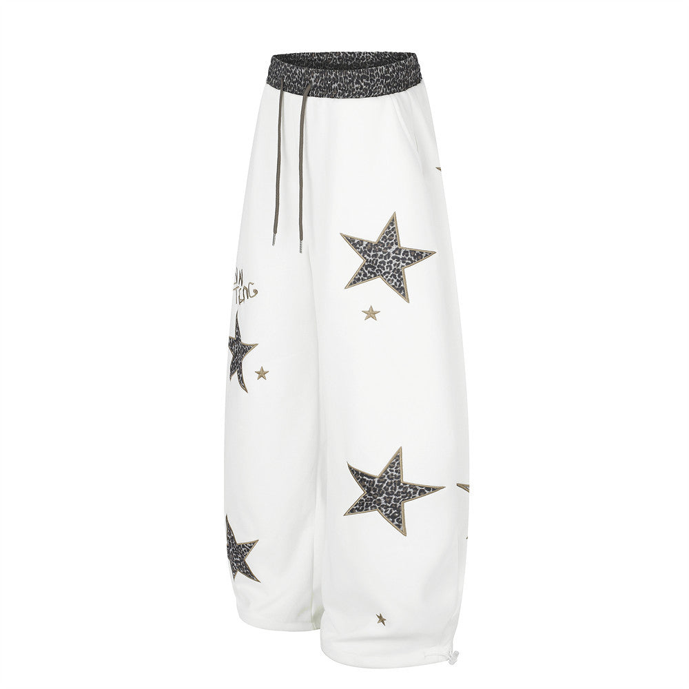 Wide Leg Star Patch Sweatpants with Leopard Print Waistband