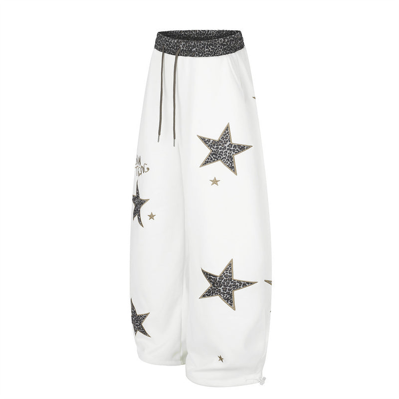 Wide Leg Star Patch Sweatpants with Leopard Print Waistband